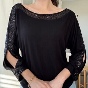 Cable & Gauge Black Boat Neck Sequin Top Key Hole Shoulder 3/4 Sleeves Size M